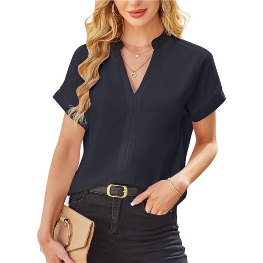Women's Color Block V Neck Blouse | Shirt | Short Sleeve | Top | Black
